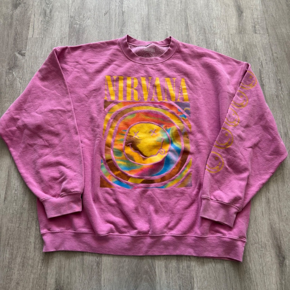 Nirvana Pink Smiley Face Graphic Sweatshirt Psychedelic Tie Dye S/M oversized
